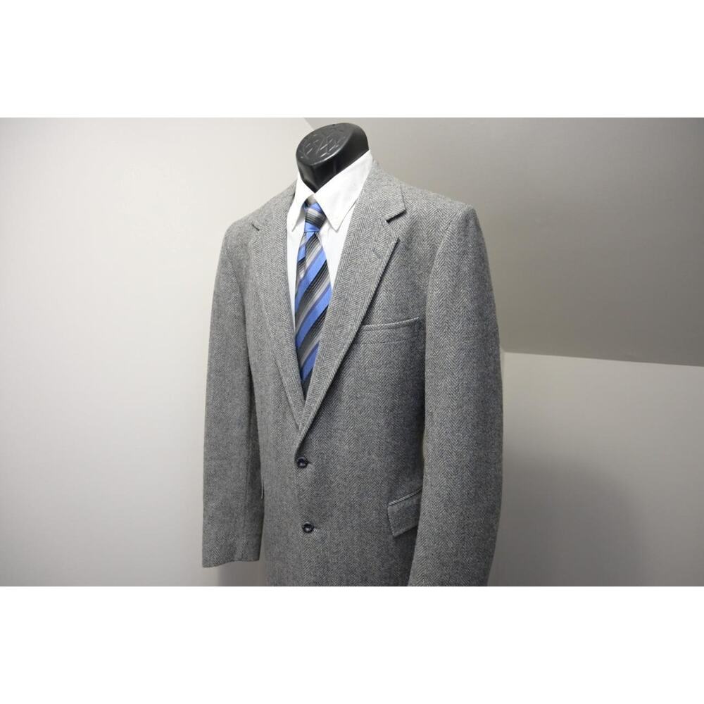 VTG Tweed Gray Herringbone Wool Woven Blazer Sports Jacket Mens‎ Slim 42 L